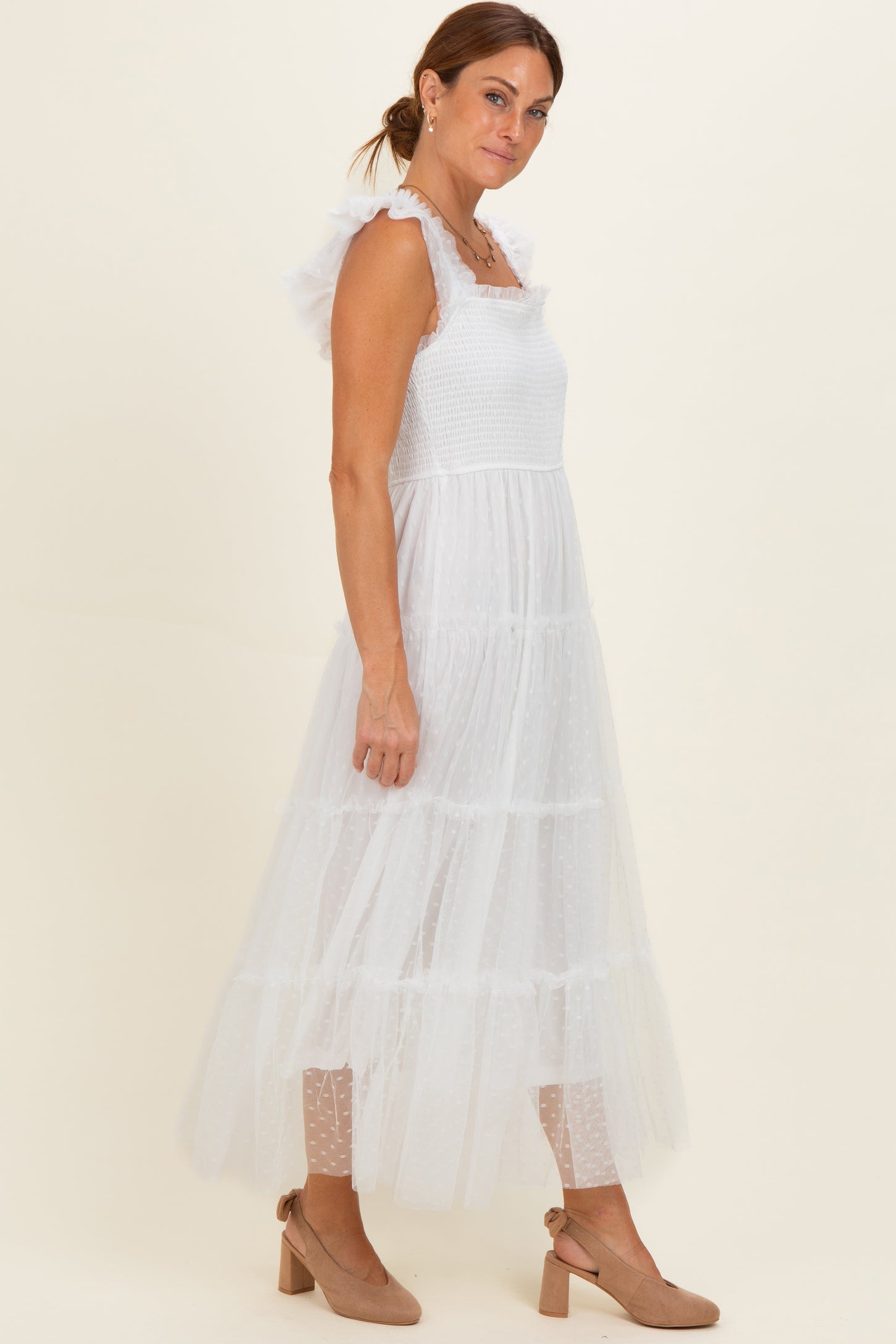White Smocked Polka Dot Tulle Midi Dress