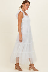 White Smocked Polka Dot Tulle Midi Dress