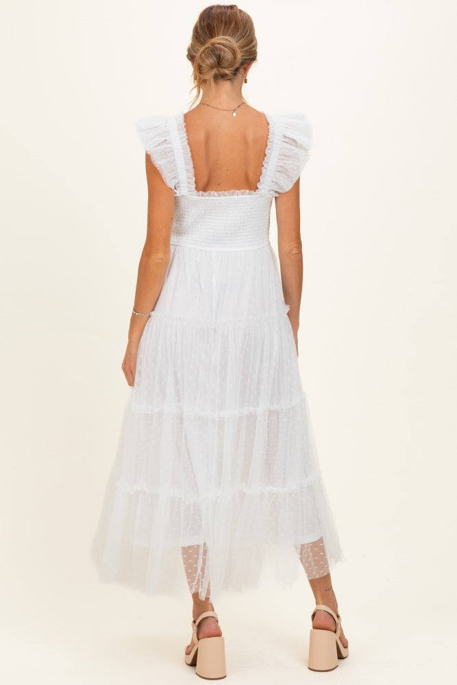 White Smocked Polka Dot Tulle Maternity Midi Dress