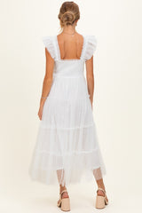White Smocked Polka Dot Tulle Maternity Midi Dress