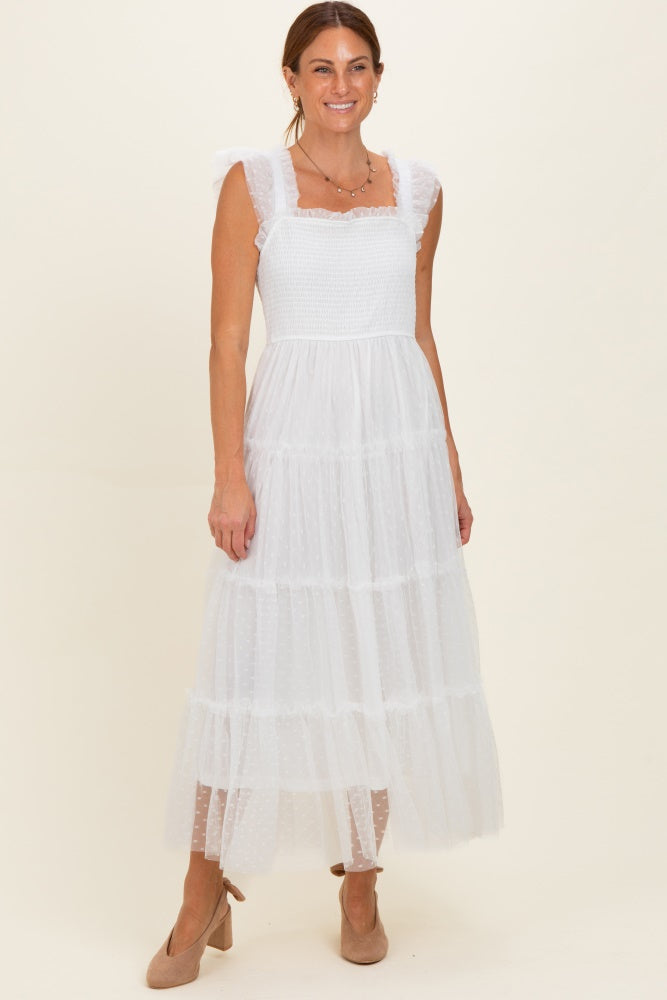 White Smocked Polka Dot Tulle Maternity Midi Dress