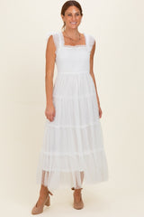 White Smocked Polka Dot Tulle Maternity Midi Dress