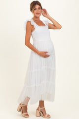 White Smocked Polka Dot Tulle Maternity Midi Dress