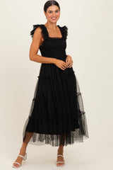 Black Smocked Polka Dot Tulle Midi Dress