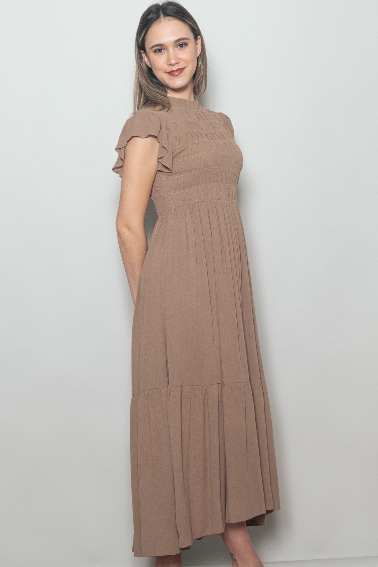 Mocha Mock Neck Flutter Sleeve Smocked Maxi Dress