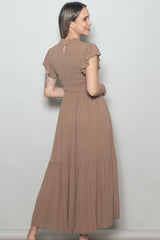 Mocha Mock Neck Flutter Sleeve Smocked Maxi Dress
