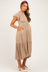 Mocha Mock Neck Flutter Sleeve Smocked Maternity Maxi Dress