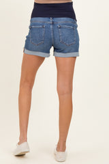 Navy Dark Wash Mid Rise Cuffed Maternity Denim Shorts