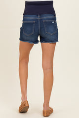 Navy Dark Wash Frayed Hem Maternity Denim Shorts