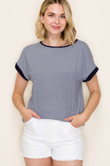 Navy Pinstripe Contrast Trim Maternity Top