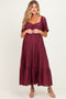 Burgundy Flutter Sleeve Ruffle Hem Maternity Midi Dress