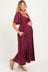 Burgundy Flutter Sleeve Ruffle Hem Maternity Midi Dress