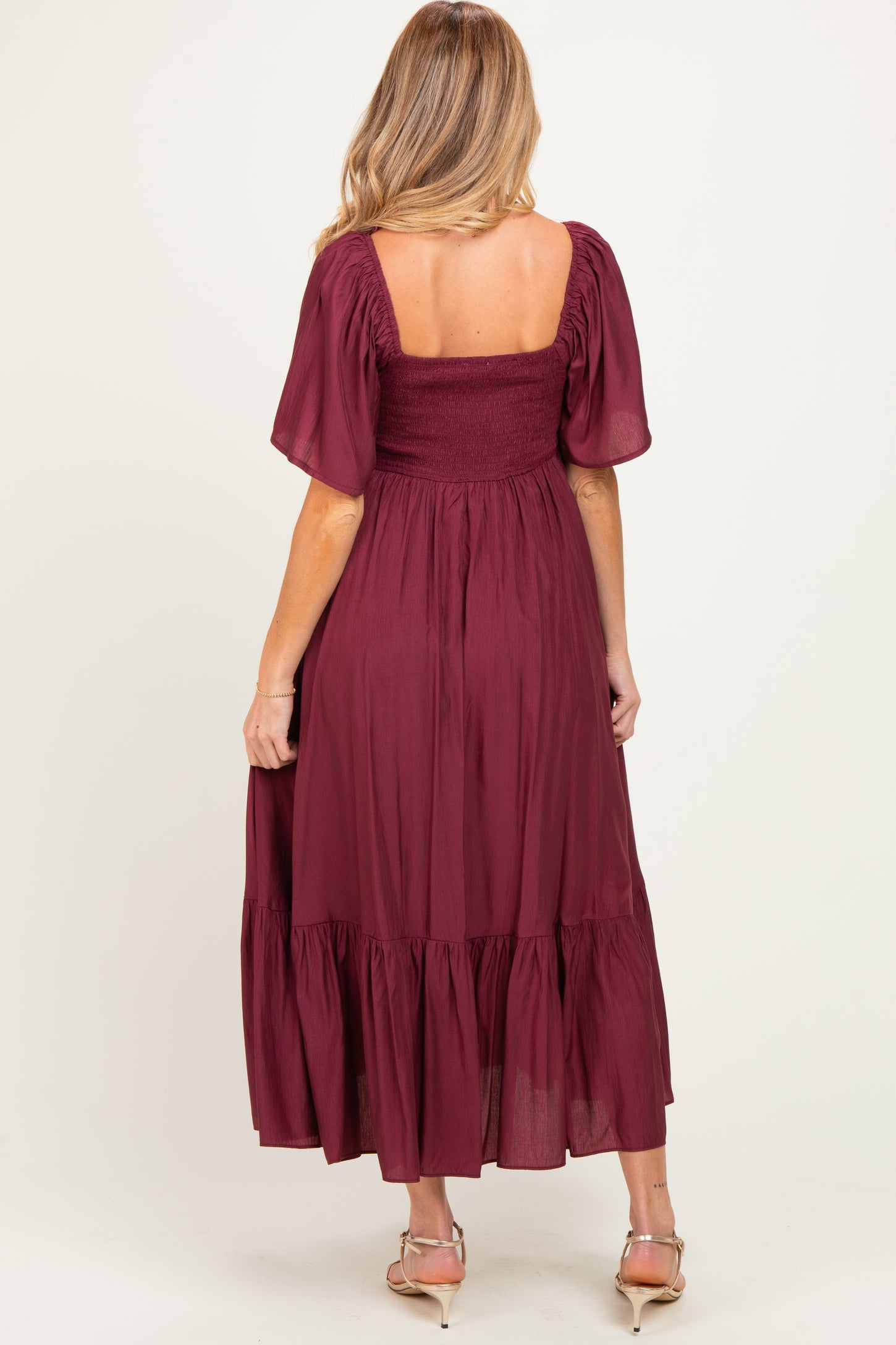 Burgundy Flutter Sleeve Ruffle Hem Maternity Midi Dress