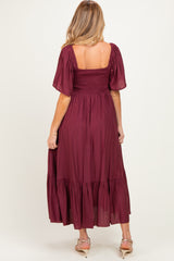 Burgundy Flutter Sleeve Ruffle Hem Maternity Midi Dress