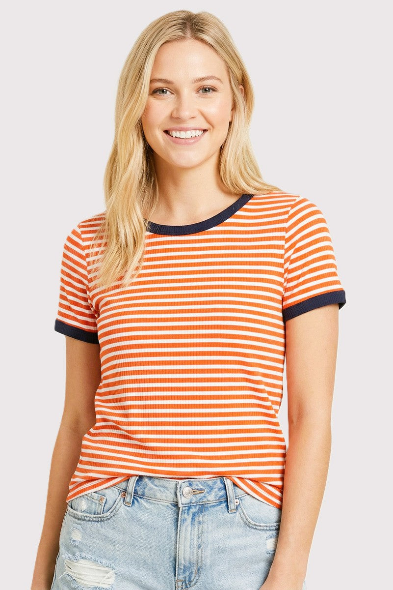 Orange Striped Short Sleeve Top