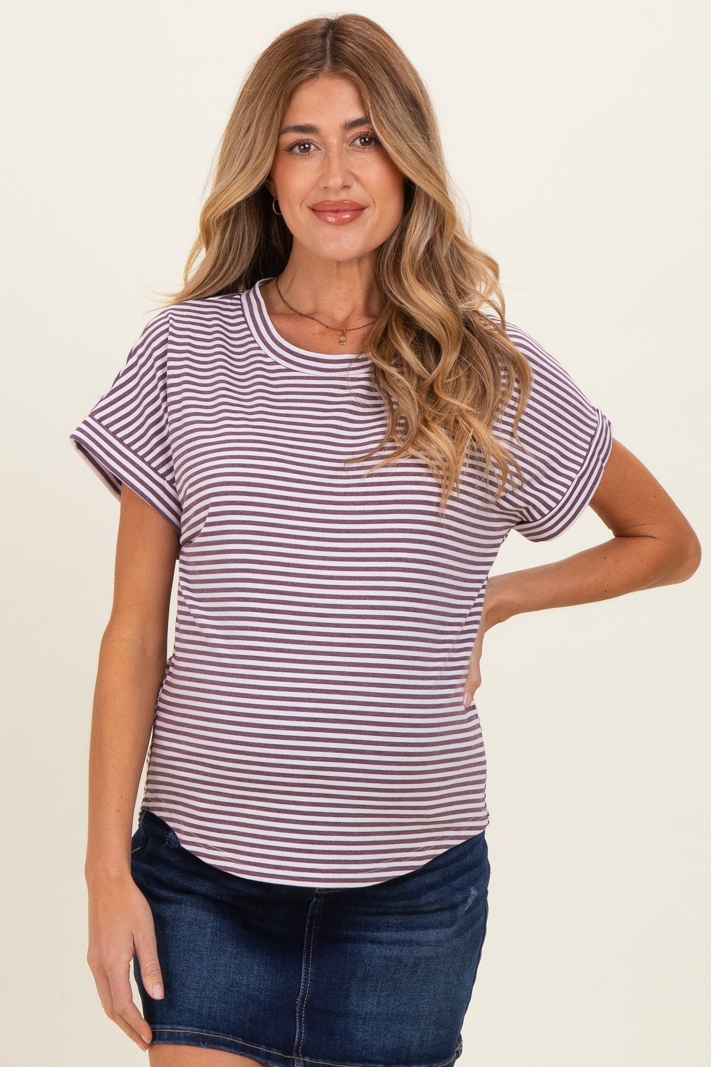 Light Plum Striped Short Sleeve Maternity Top