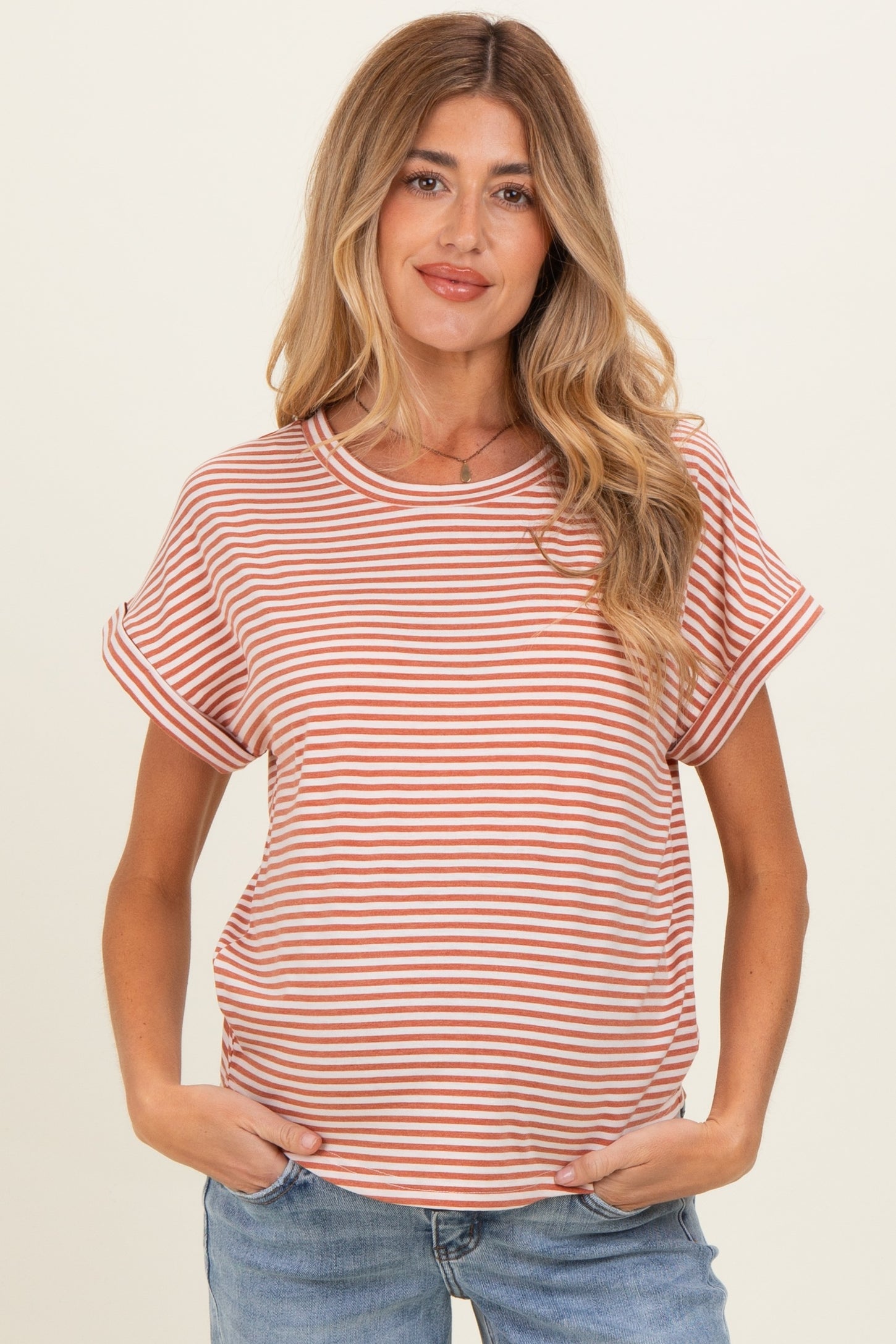 Copper Striped Short Sleeve Maternity Top