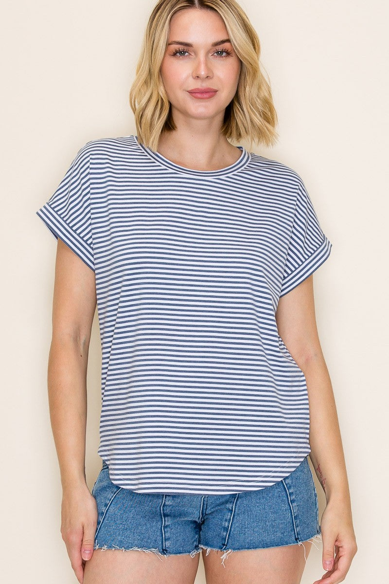 Denim Blue Striped Short Sleeve Maternity Top