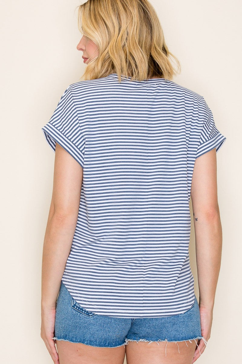 Denim Blue Striped Short Sleeve Top