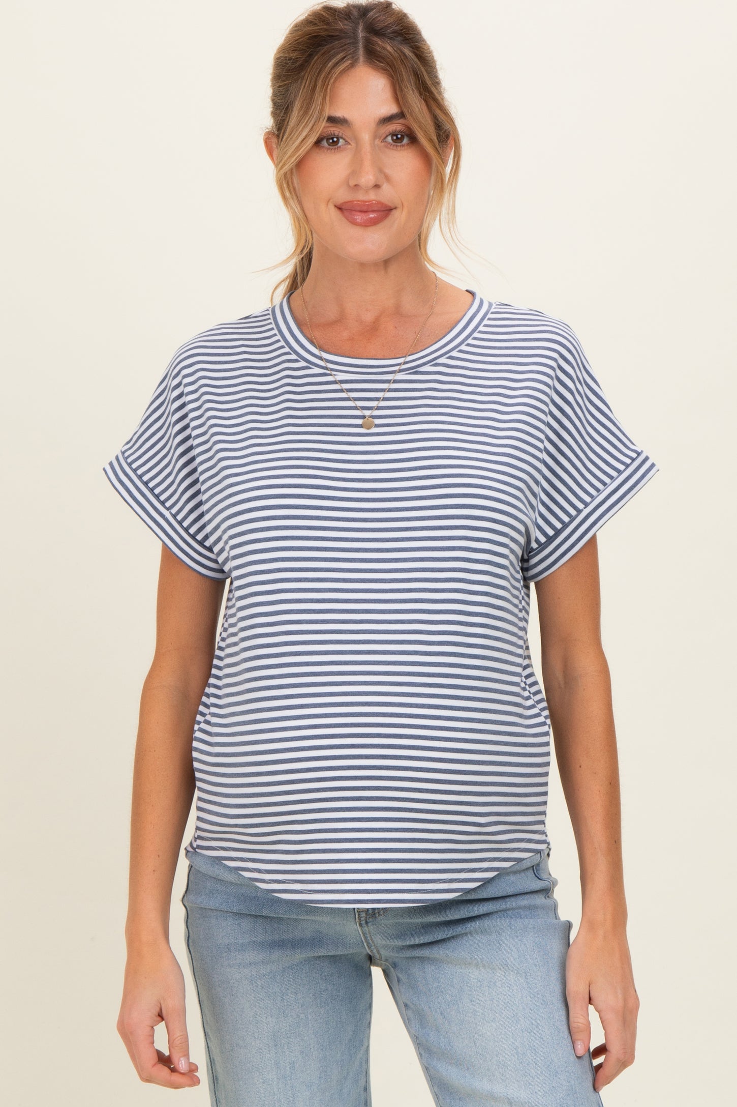 Denim Blue Striped Short Sleeve Maternity Top