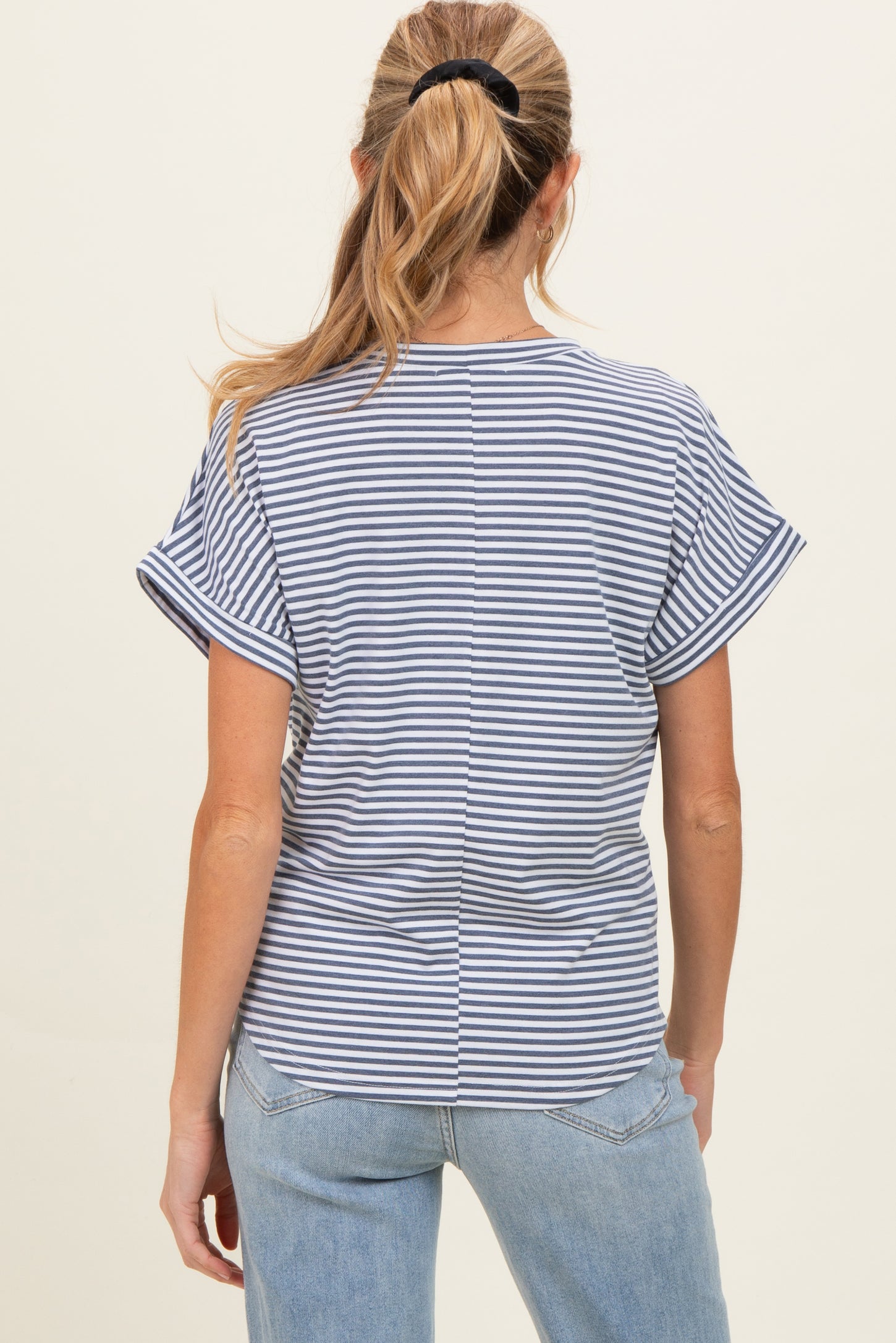 Denim Blue Striped Short Sleeve Maternity Top