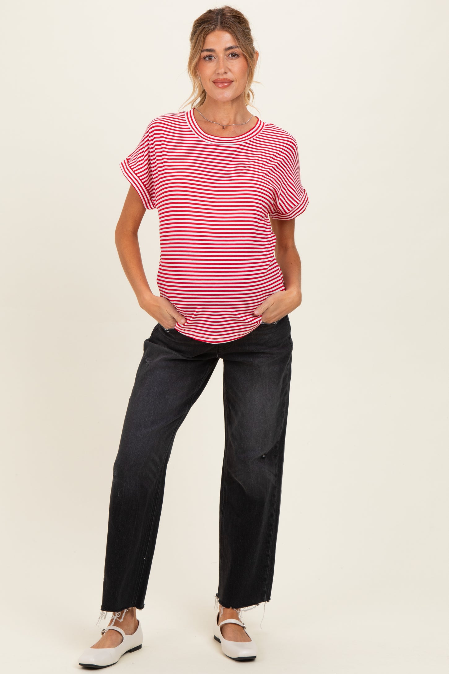 Red Striped Short Sleeve Maternity Top