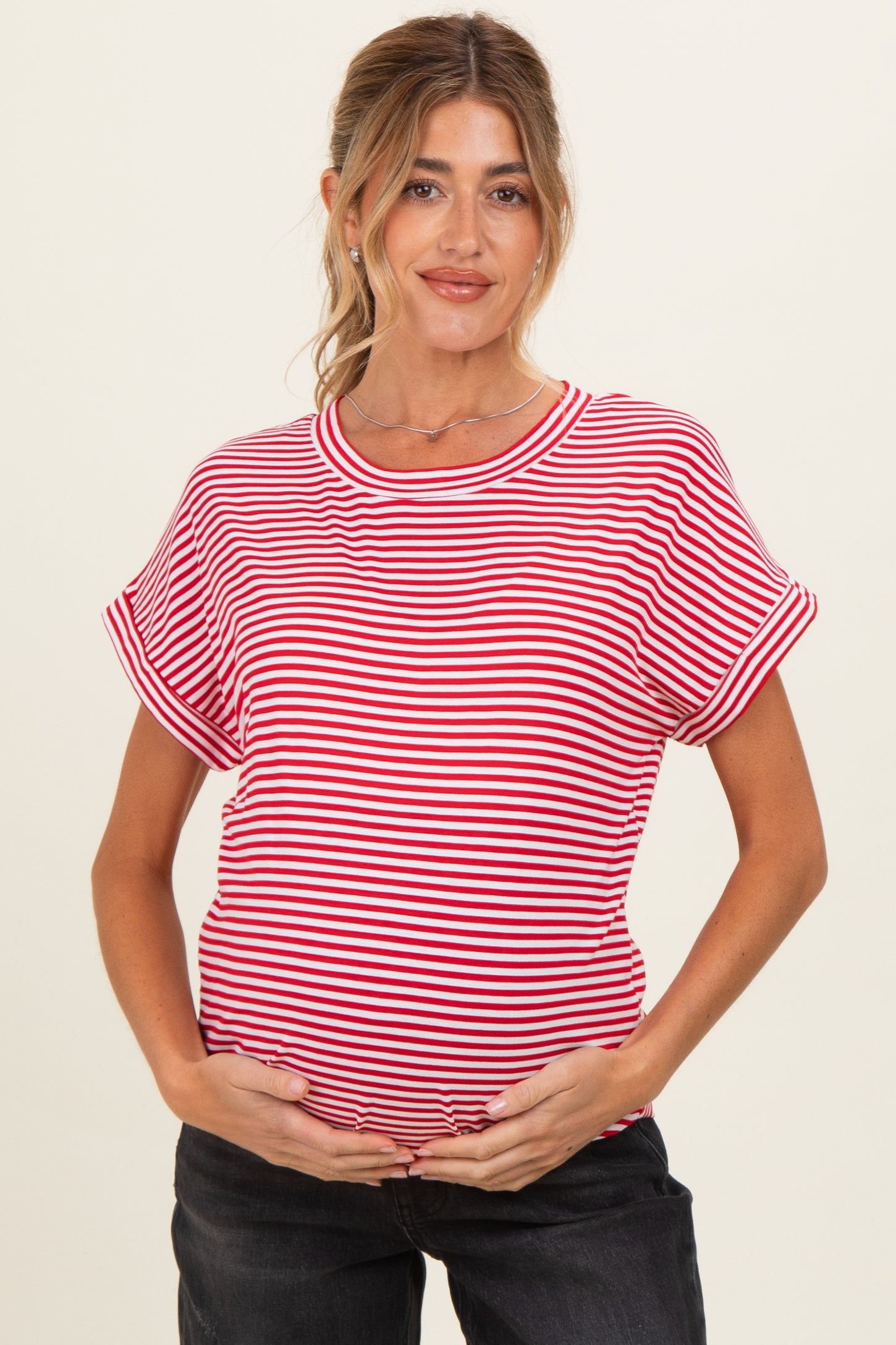 Red Striped Short Sleeve Maternity Top