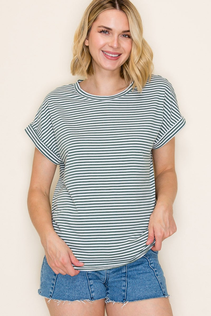 Green Striped Short Sleeve Maternity Top