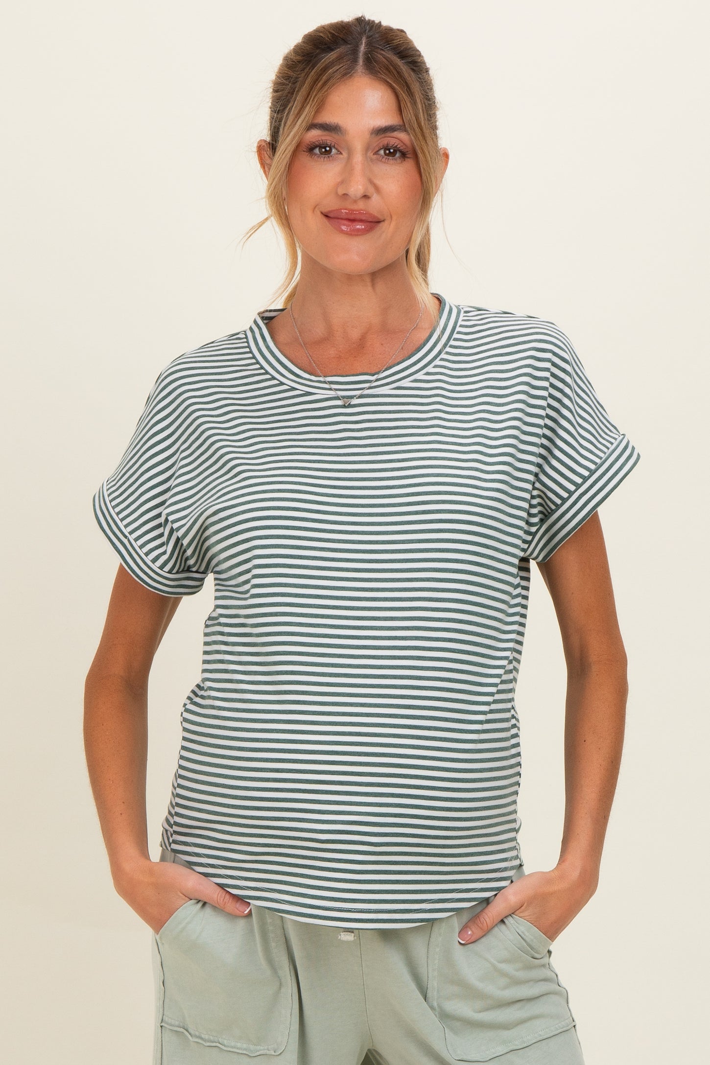 Green Striped Short Sleeve Maternity Top