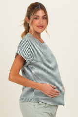 Green Striped Short Sleeve Maternity Top