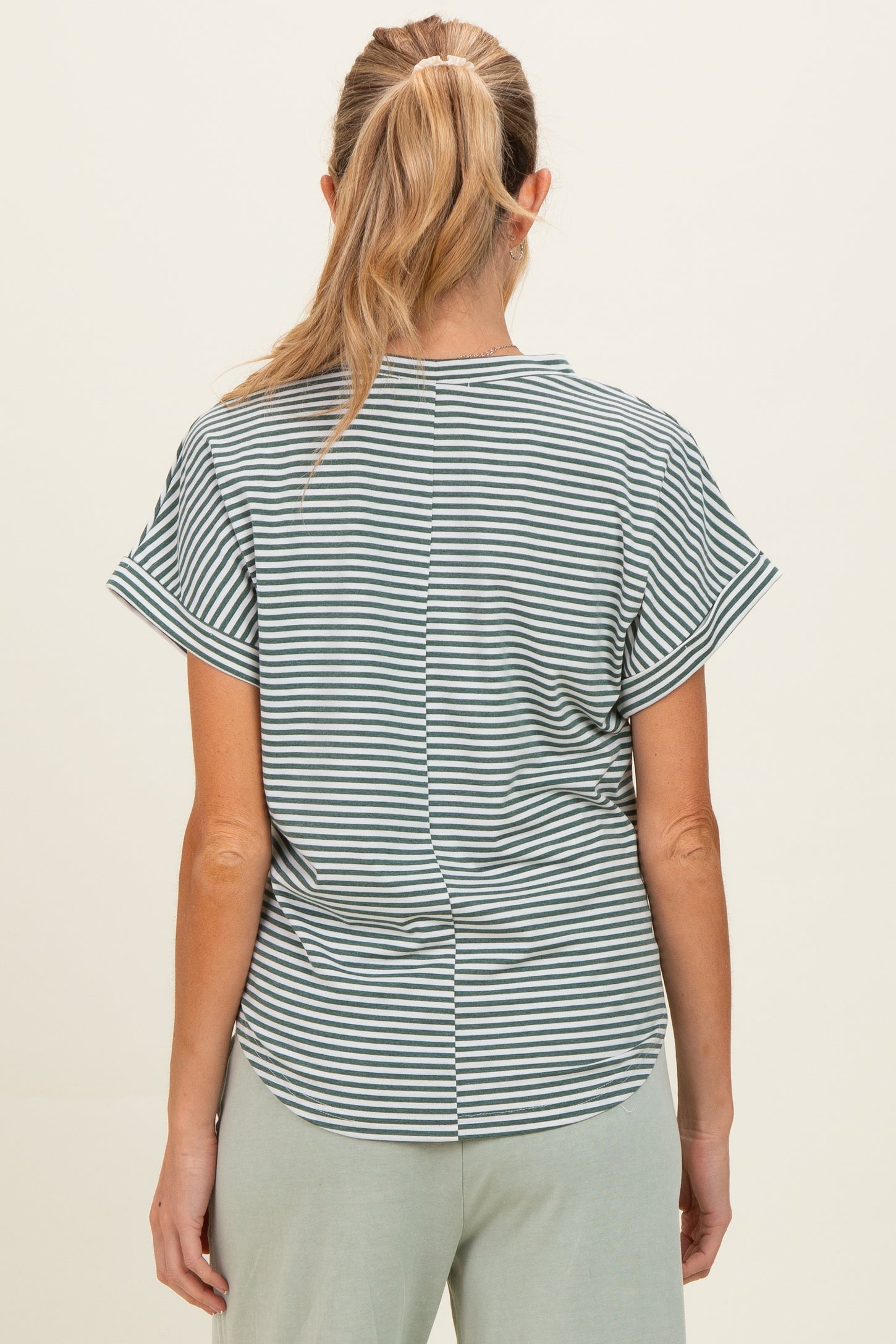 Green Striped Short Sleeve Maternity Top