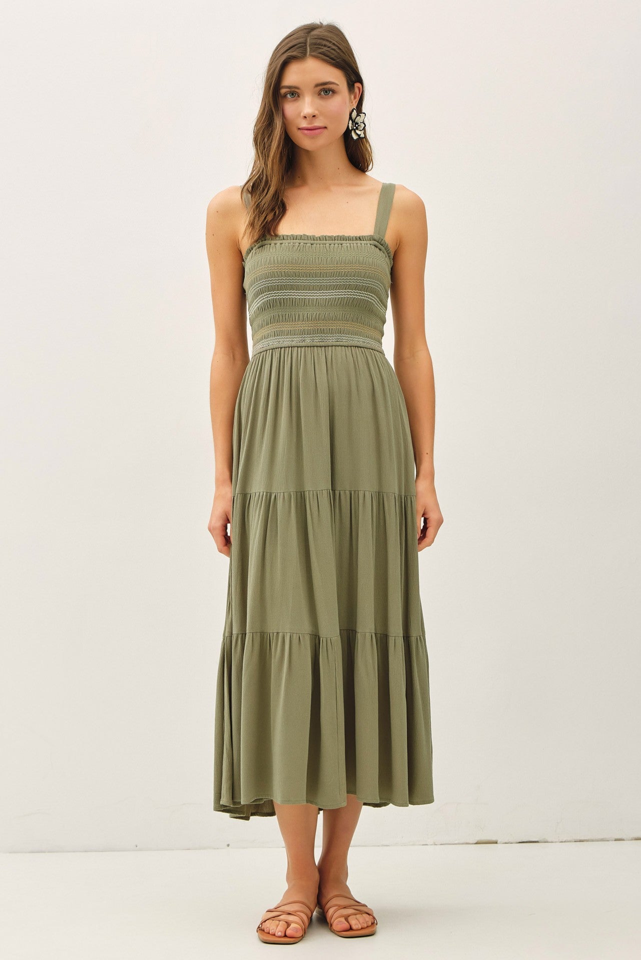 Olive Embroidered Smocked Maternity Midi Dress