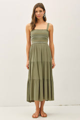Olive Embroidered Smocked Midi Dress