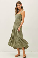 Olive Embroidered Smocked Midi Dress