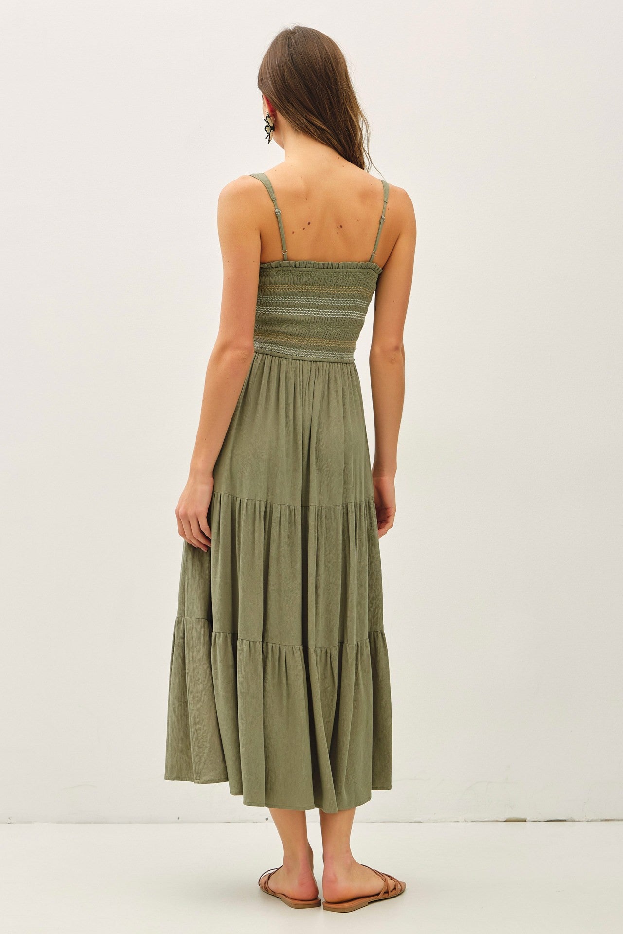 Olive Embroidered Smocked Midi Dress
