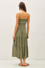 Olive Embroidered Smocked Midi Dress