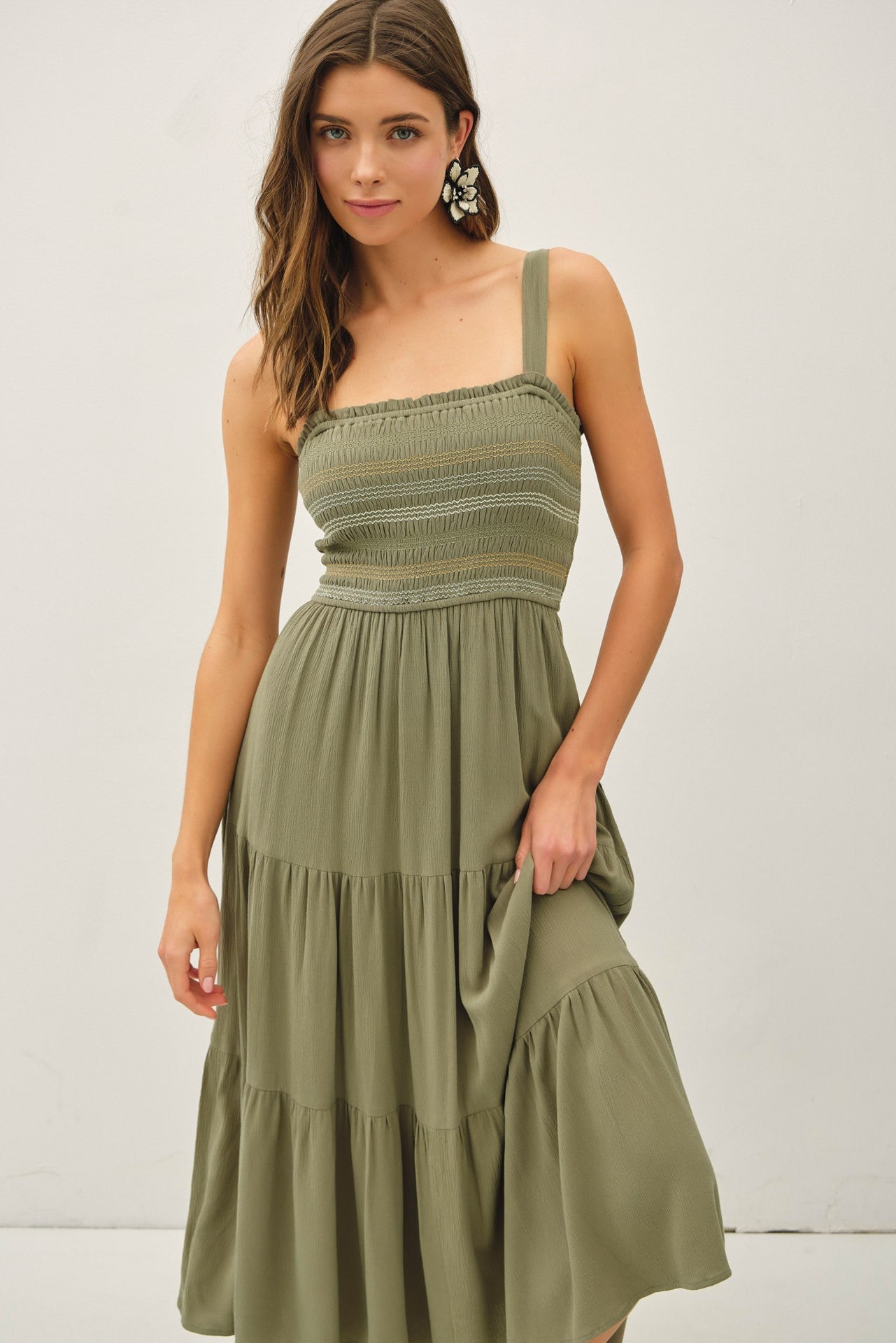 Olive Embroidered Smocked Midi Dress
