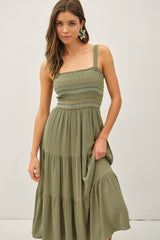 Olive Embroidered Smocked Midi Dress