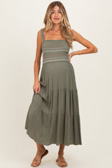 Olive Embroidered Smocked Maternity Midi Dress