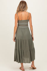 Olive Embroidered Smocked Maternity Midi Dress