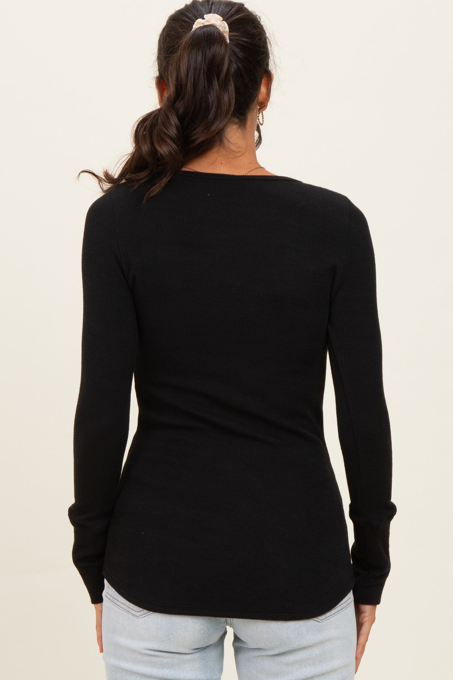 Black Ribbed Henley Top