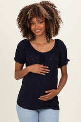 Navy Eyelet Lace Puff Sleeve Maternity Blouse