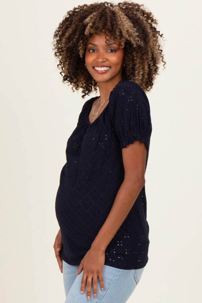 Navy Eyelet Lace Puff Sleeve Maternity Blouse