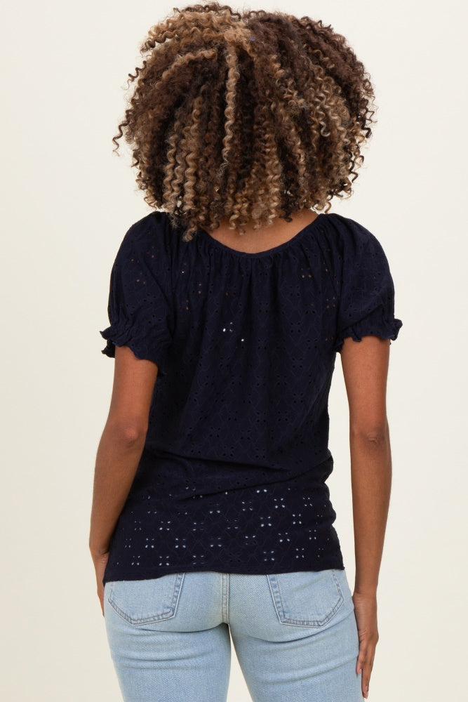 Navy Eyelet Lace Puff Sleeve Maternity Blouse