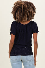Navy Eyelet Lace Puff Sleeve Maternity Blouse