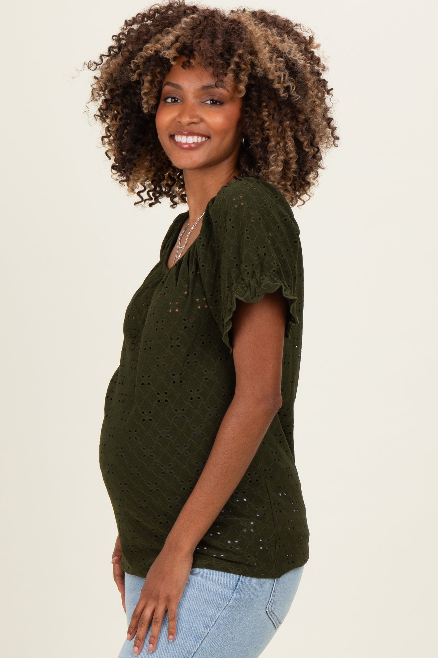 Olive Eyelet Lace Puff Sleeve Maternity Blouse