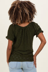 Olive Eyelet Lace Puff Sleeve Maternity Blouse