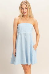 Light Blue Striped Strapless A-Line Maternity Dress