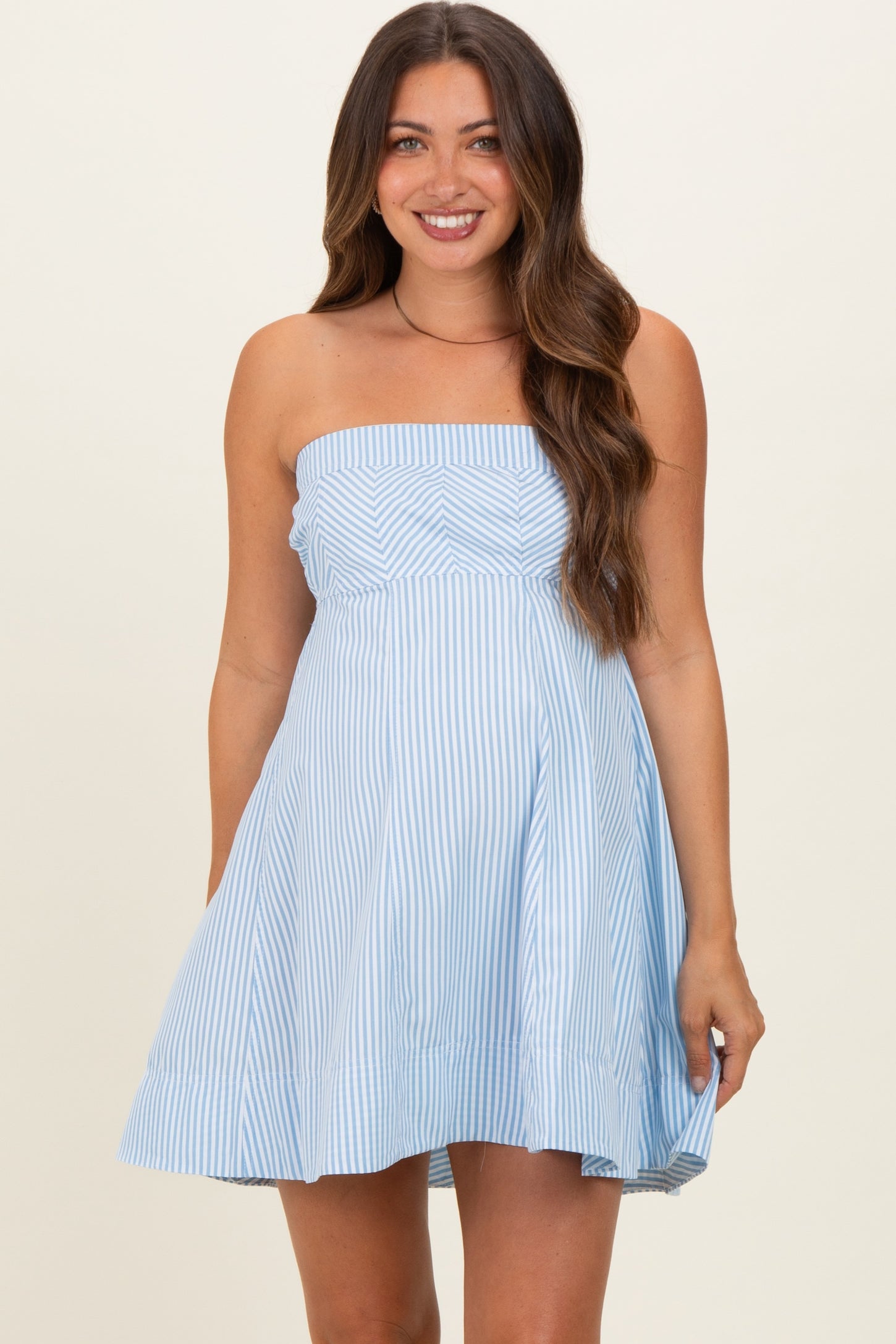 Light Blue Striped Strapless A-Line Maternity Dress
