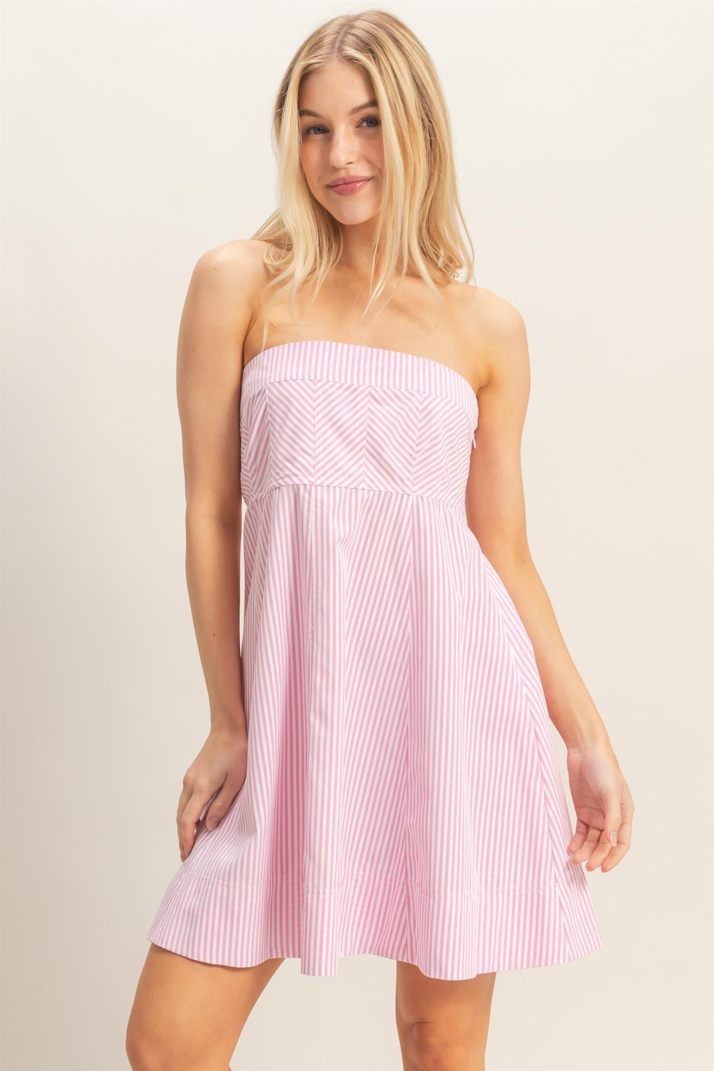 Light Pink Striped Strapless A-Line Maternity Dress